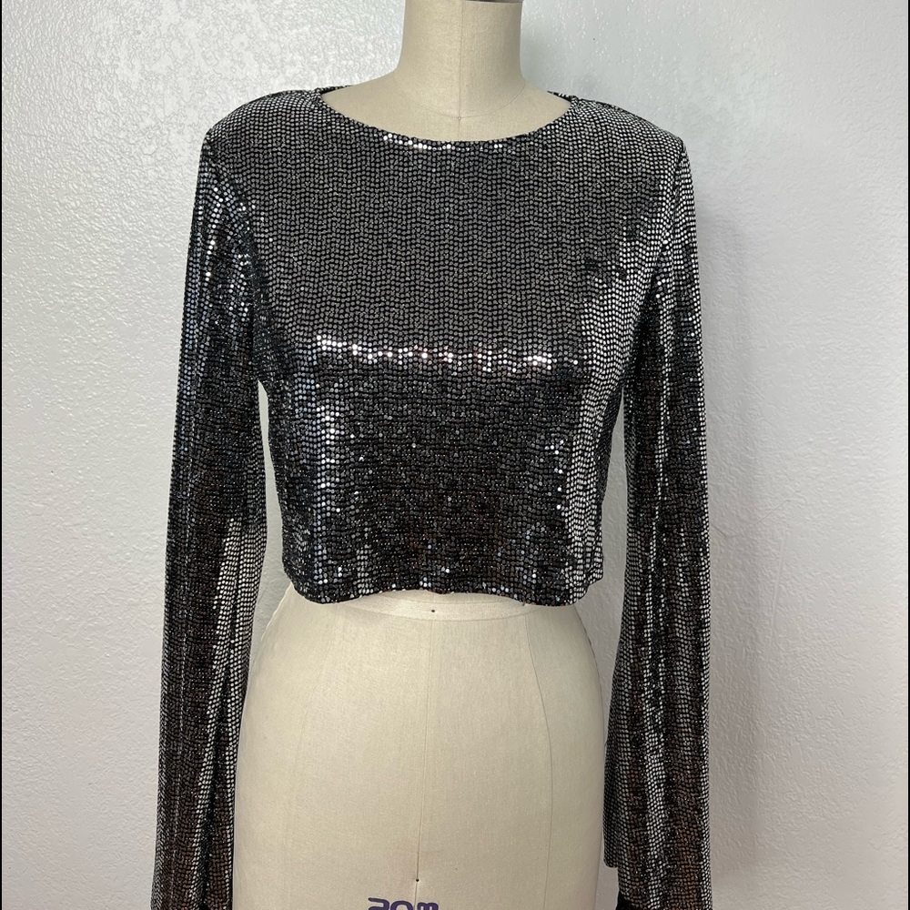 Vintage studio 54 Y2K silver black sparkle disco ball effect crop top S - Picture 2 of 6